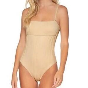 Square-Neck Beige One-Piece Swimsuit with Slim Straps